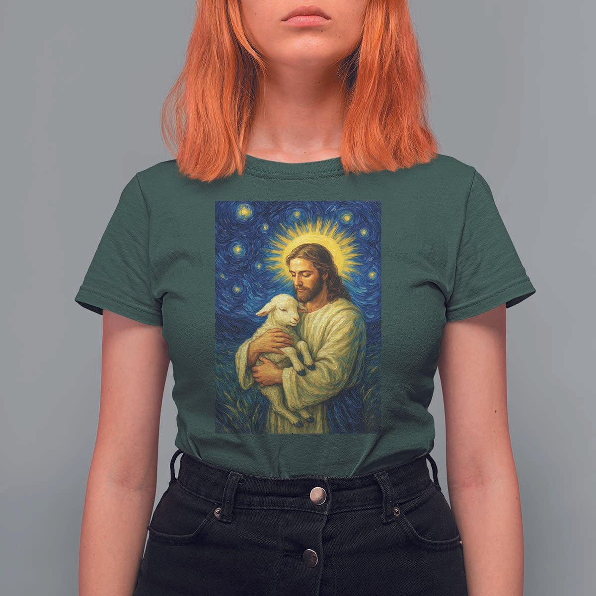Jesus Christian T Shirt For Women Hug Lamb Starry Night Van Gogh - Wonder Print Shop