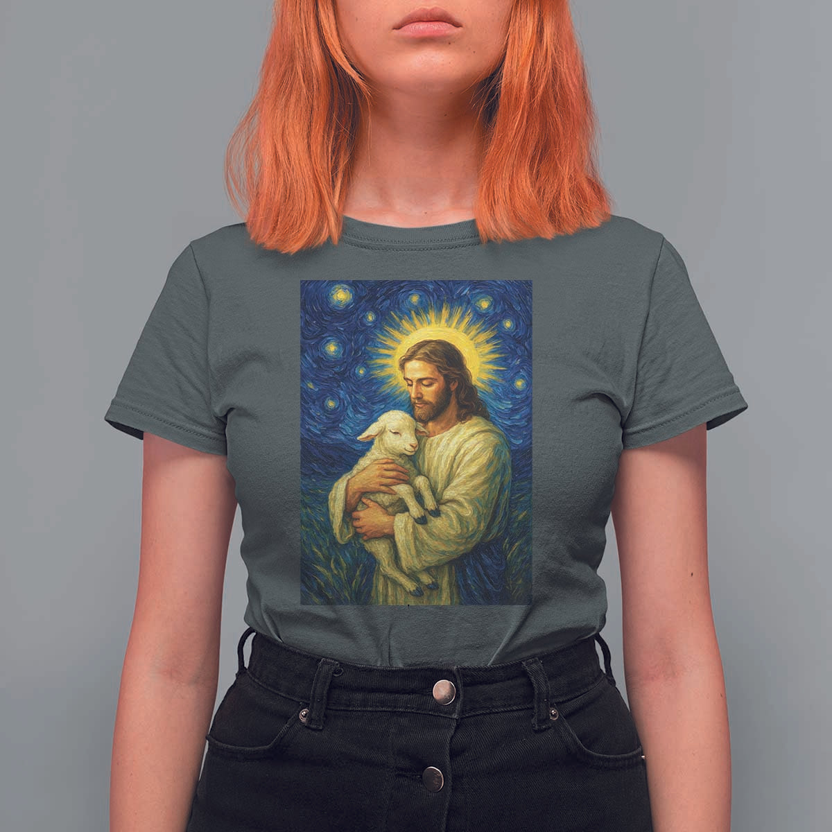 Jesus Christian T Shirt For Women Hug Lamb Starry Night Van Gogh - Wonder Print Shop