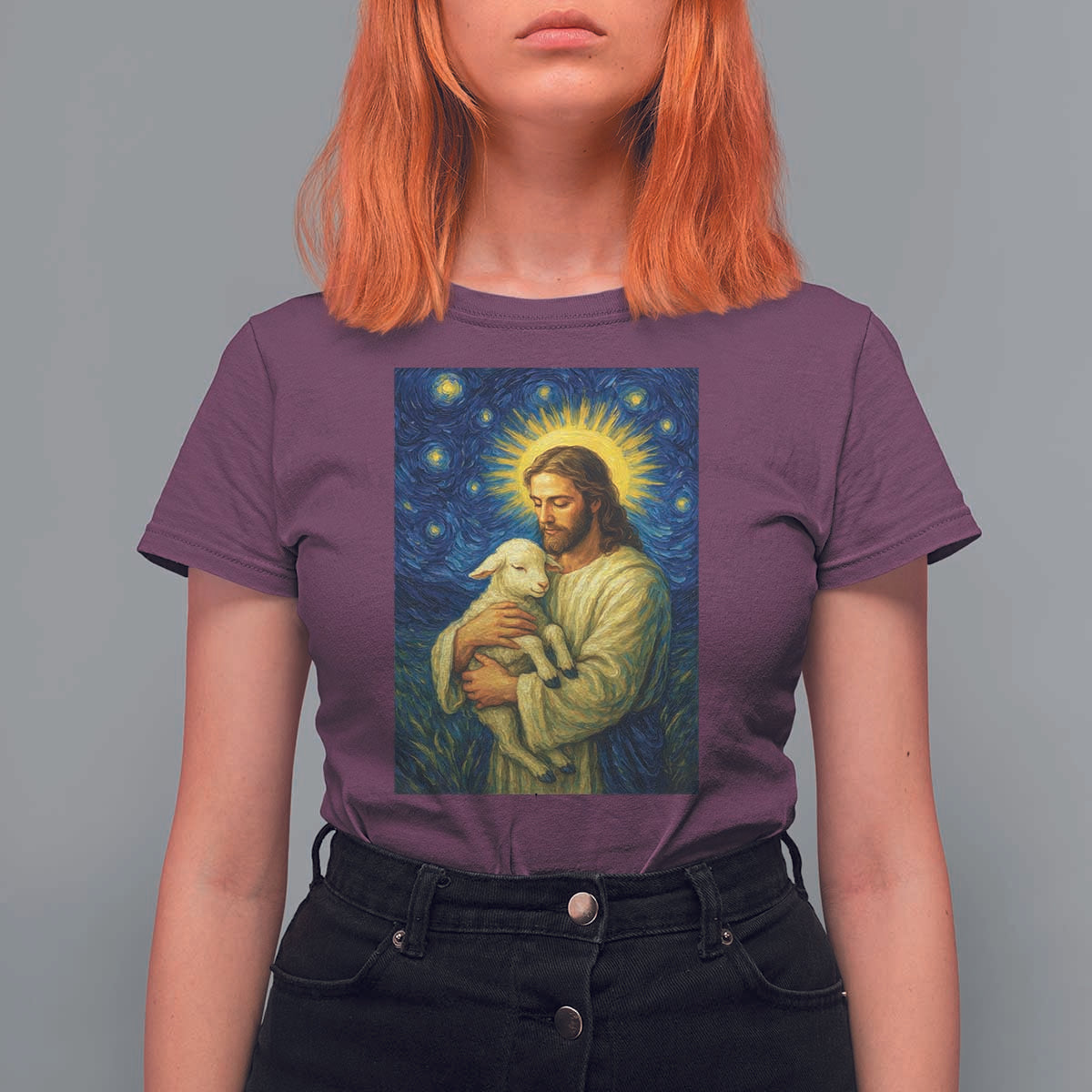 Jesus Christian T Shirt For Women Hug Lamb Starry Night Van Gogh - Wonder Print Shop
