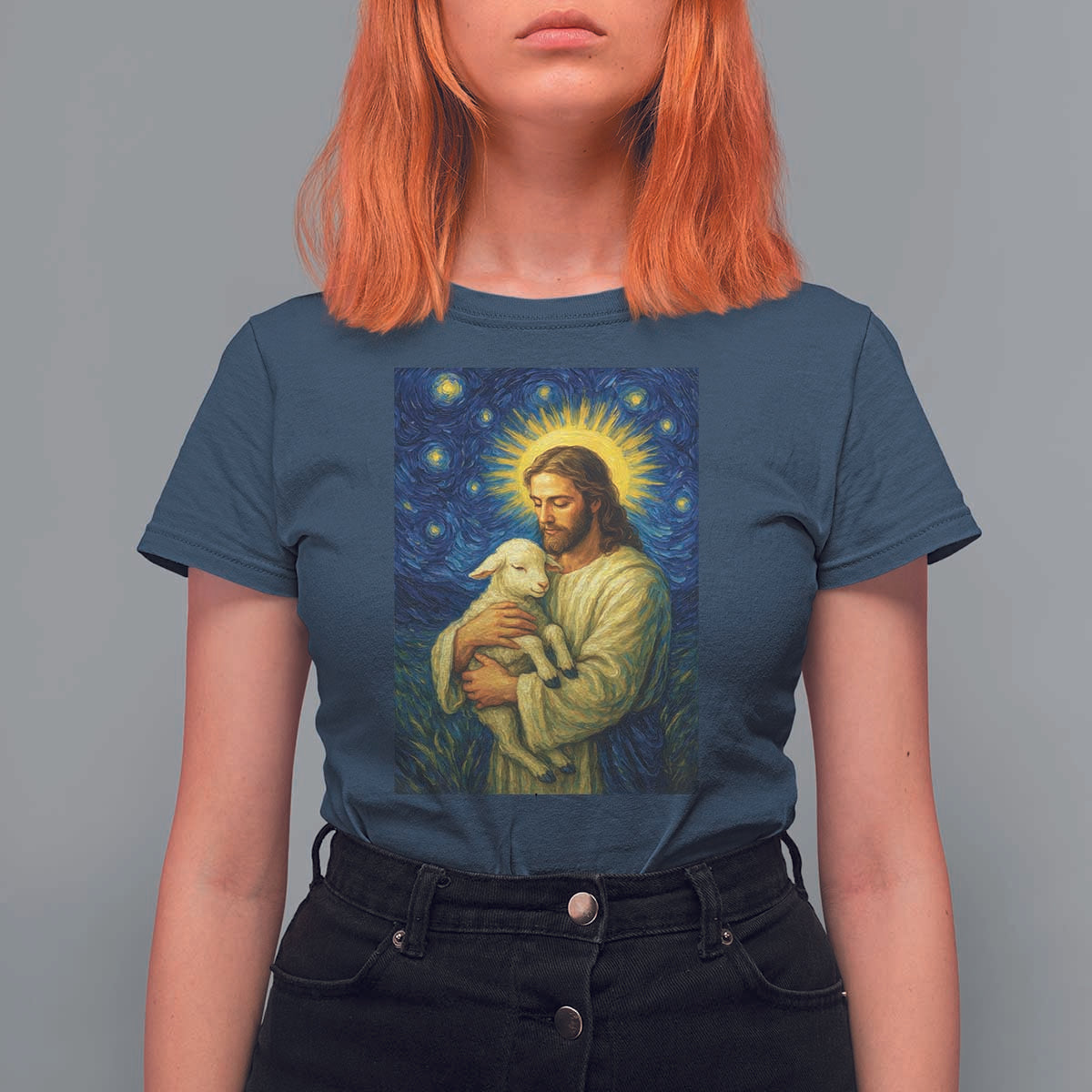 Jesus Christian T Shirt For Women Hug Lamb Starry Night Van Gogh - Wonder Print Shop