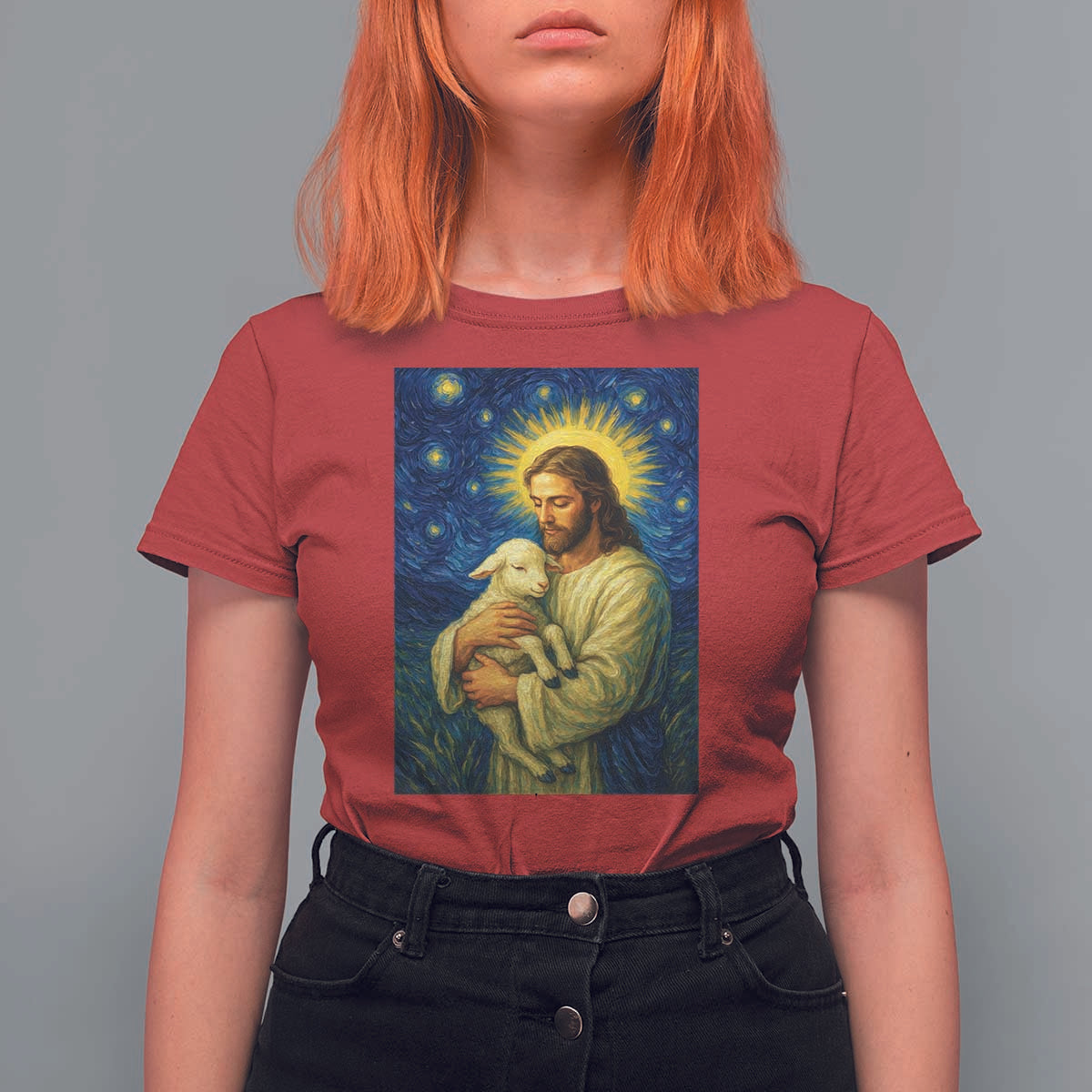 Jesus Christian T Shirt For Women Hug Lamb Starry Night Van Gogh - Wonder Print Shop