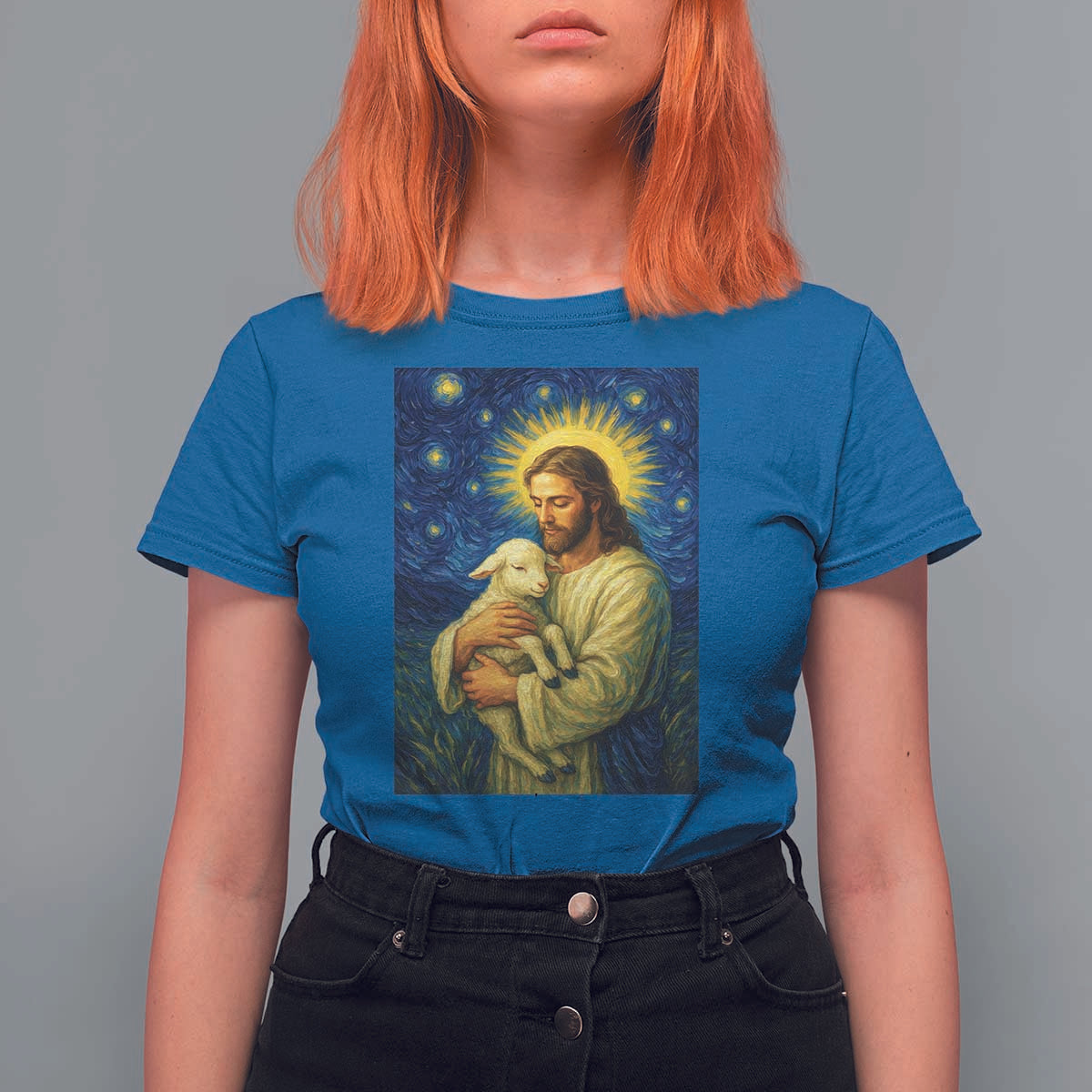 Jesus Christian T Shirt For Women Hug Lamb Starry Night Van Gogh - Wonder Print Shop