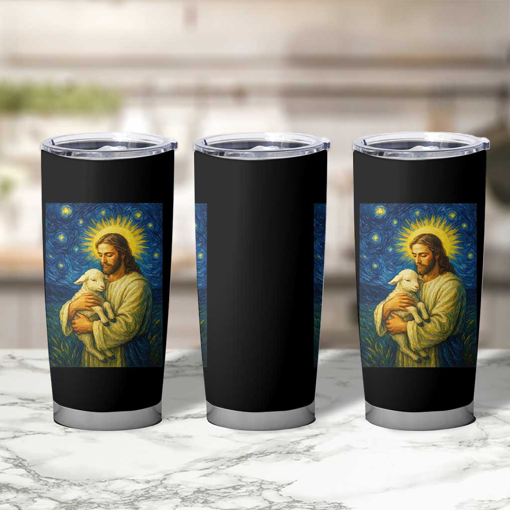Jesus Christian Tumbler Cup Hug Lamb Starry Night Van Gogh - Wonder Print Shop