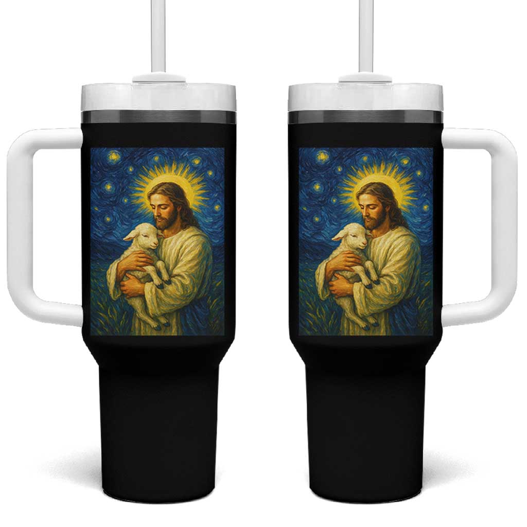 Jesus Christian Tumbler With Handle Hug Lamb Starry Night Van Gogh - Wonder Print Shop