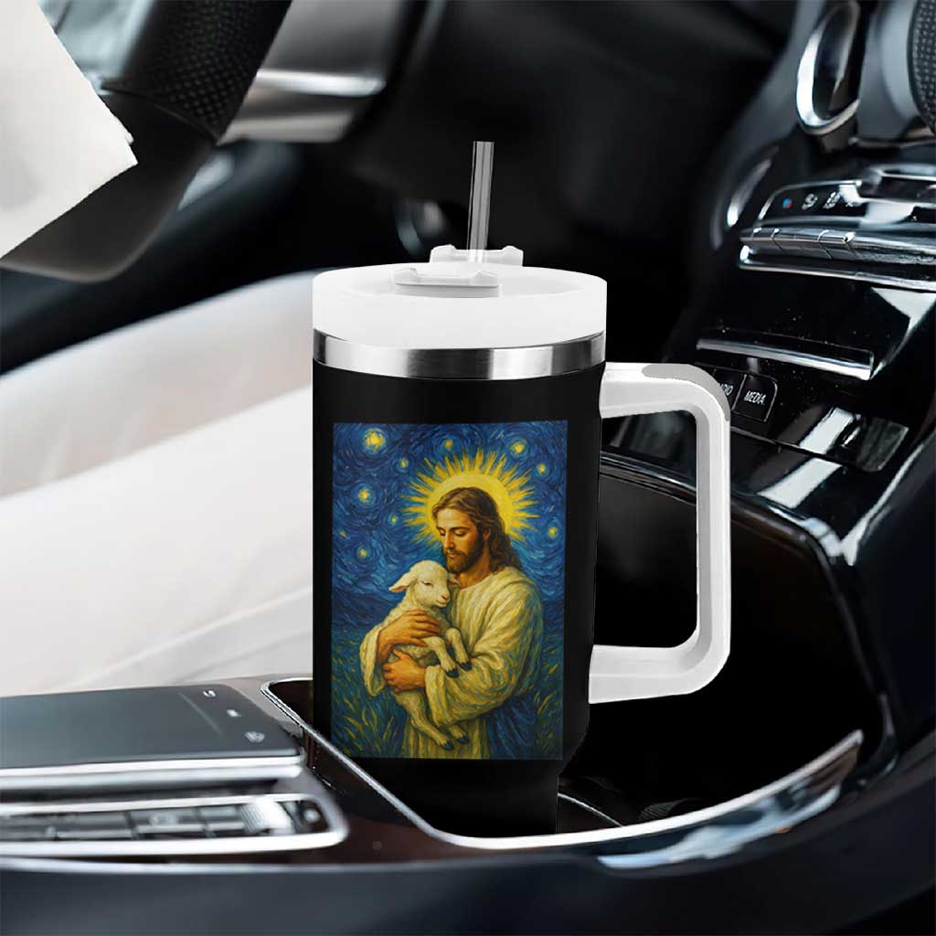 Jesus Christian Tumbler With Handle Hug Lamb Starry Night Van Gogh - Wonder Print Shop