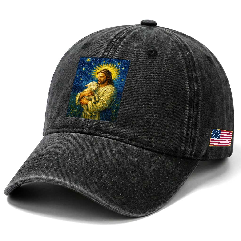 Jesus Christian Washed Cotton Baseball Cap Hug Lamb Starry Night Van Gogh