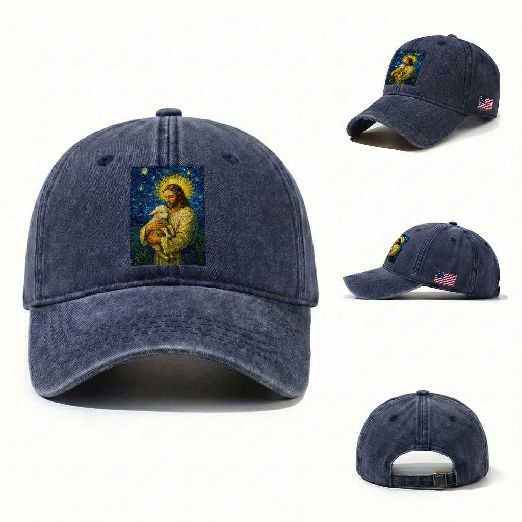 Jesus Christian Washed Cotton Baseball Cap Hug Lamb Starry Night Van Gogh