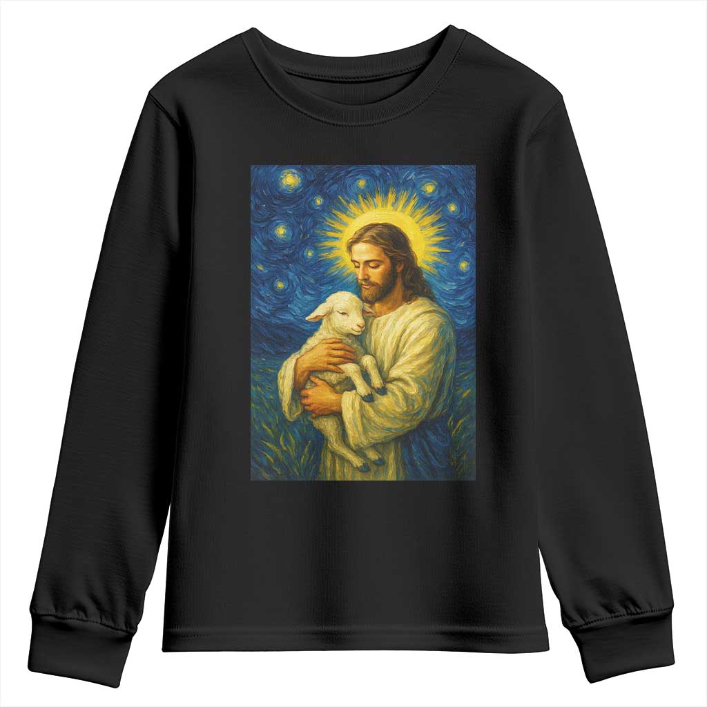 Jesus Christian Youth Sweatshirt Hug Lamb Starry Night Van Gogh - Wonder Print Shop