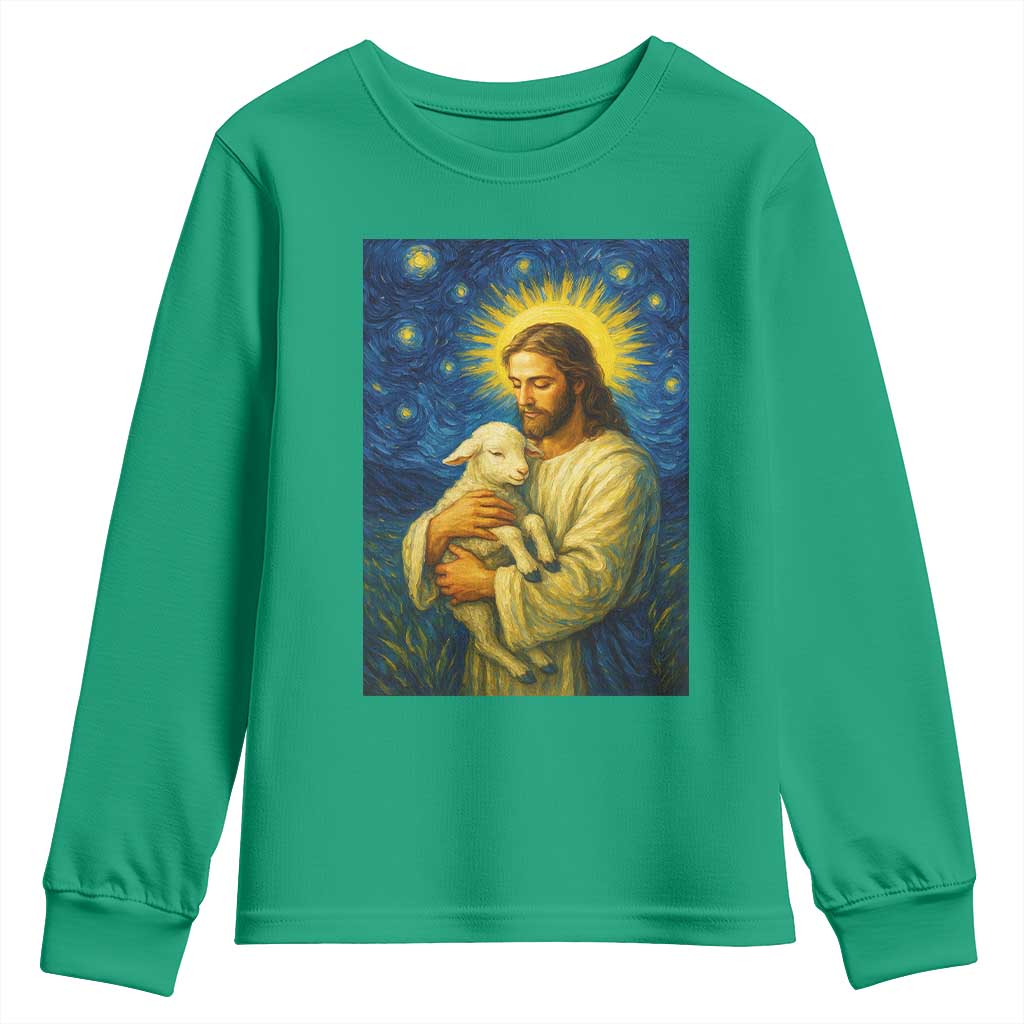 Jesus Christian Youth Sweatshirt Hug Lamb Starry Night Van Gogh - Wonder Print Shop