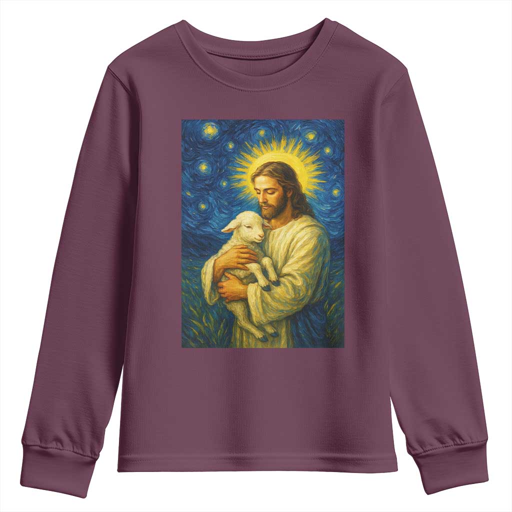Jesus Christian Youth Sweatshirt Hug Lamb Starry Night Van Gogh - Wonder Print Shop