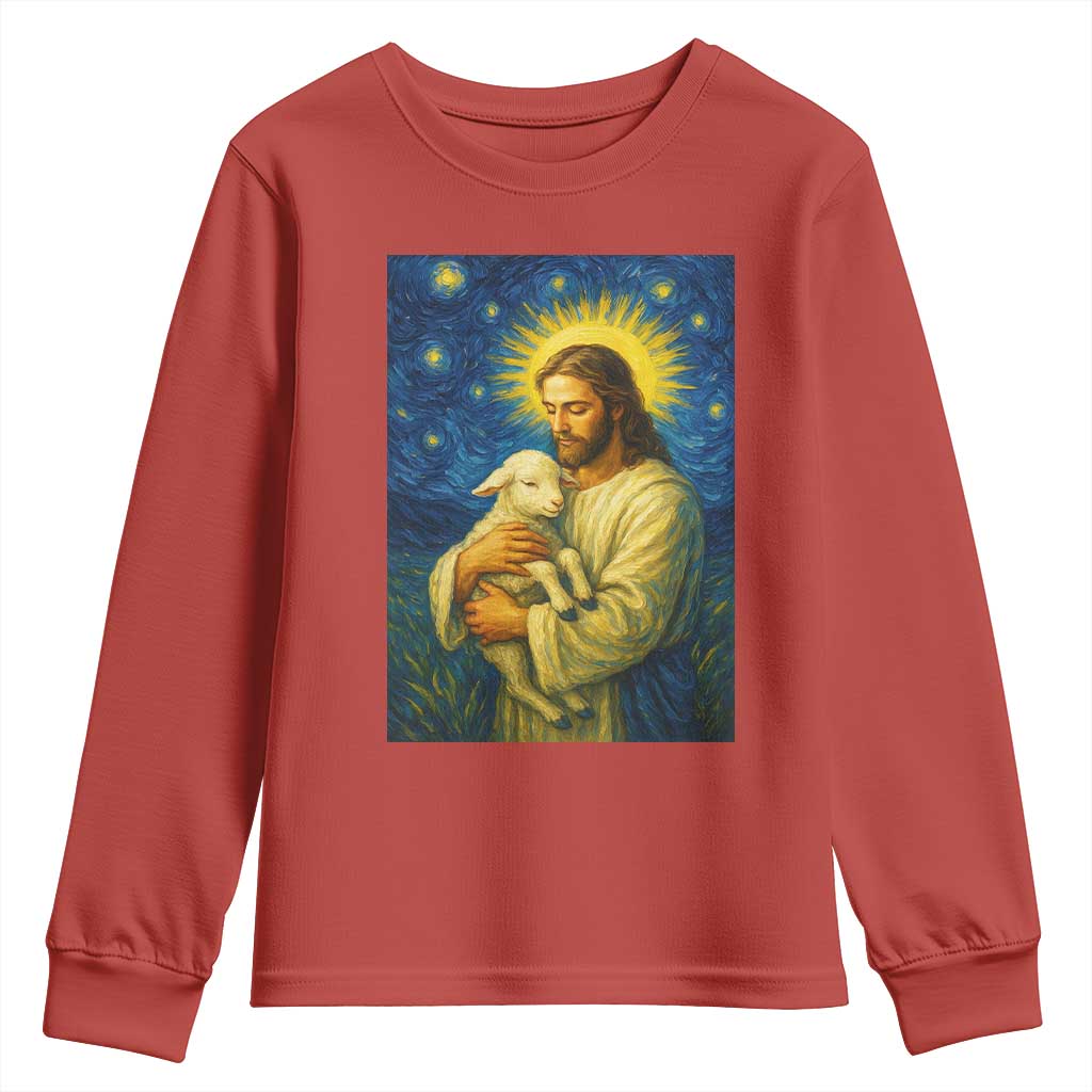 Jesus Christian Youth Sweatshirt Hug Lamb Starry Night Van Gogh - Wonder Print Shop