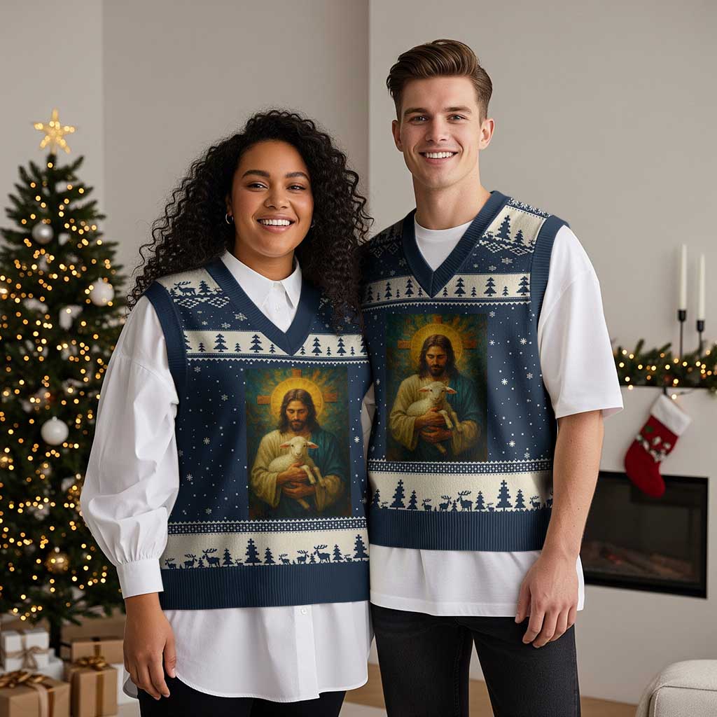 Jesus Christian V-Neck Knit Sweater Vest Hug Lamb Faith Easter - Wonder Print Shop