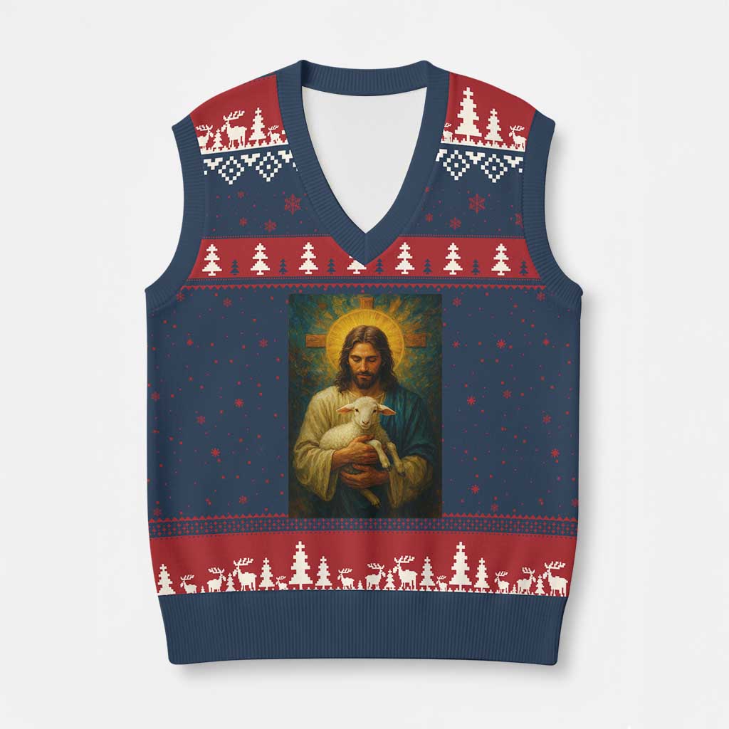 Jesus Christian V-Neck Knit Sweater Vest Hug Lamb Faith Easter - Wonder Print Shop