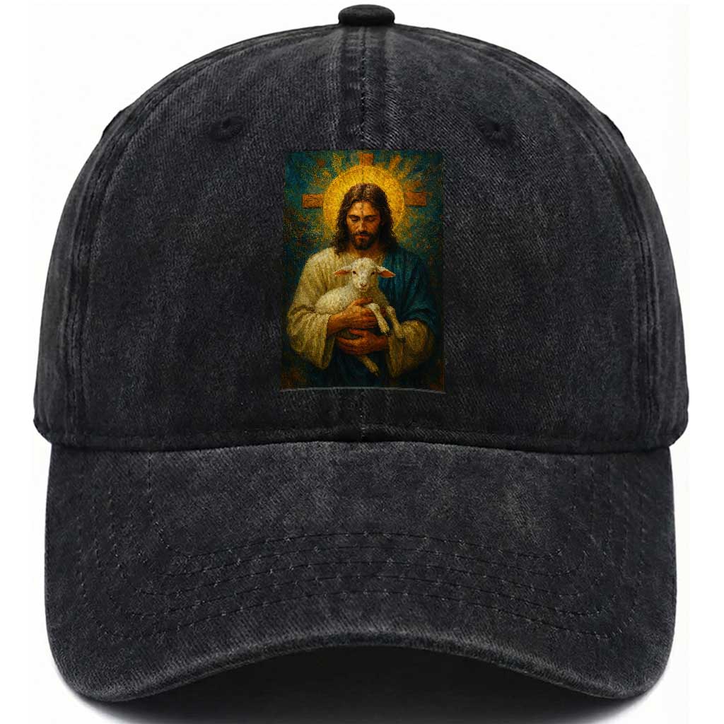 Jesus Christian Washed Cotton Baseball Cap Hug Lamb Faith Easter