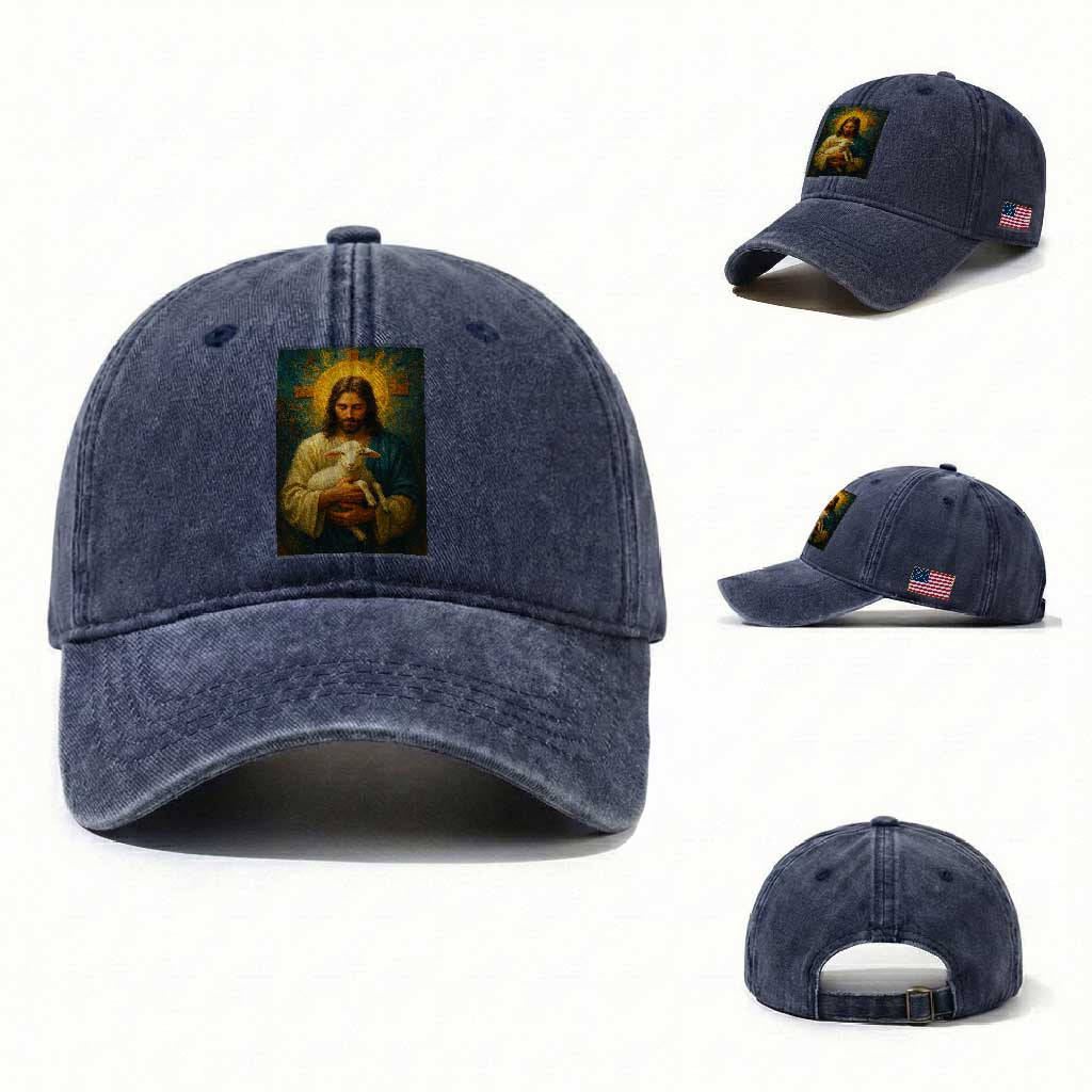 Jesus Christian Washed Cotton Baseball Cap Hug Lamb Faith Easter