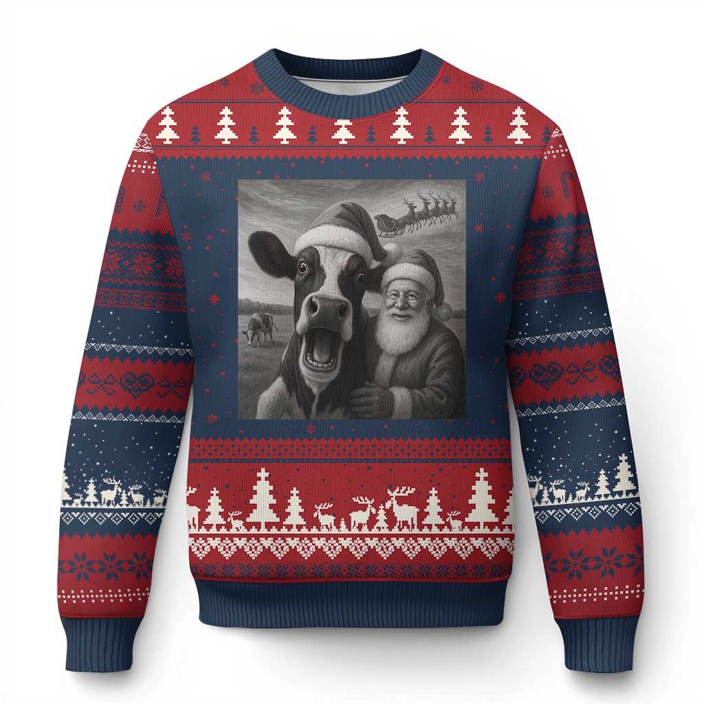 Funny Santa Selfie with Cow Xmas Ugly Christmas Sweater - Wonder Print Shop