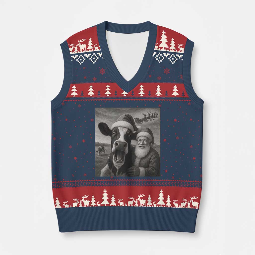 Funny Santa Selfie with Cow Xmas V-Neck Knit Sweater Vest - Wonder Print Shop