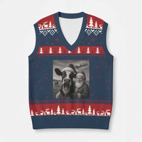 Funny Santa Selfie with Cow Xmas V-Neck Knit Sweater Vest - Wonder Print Shop