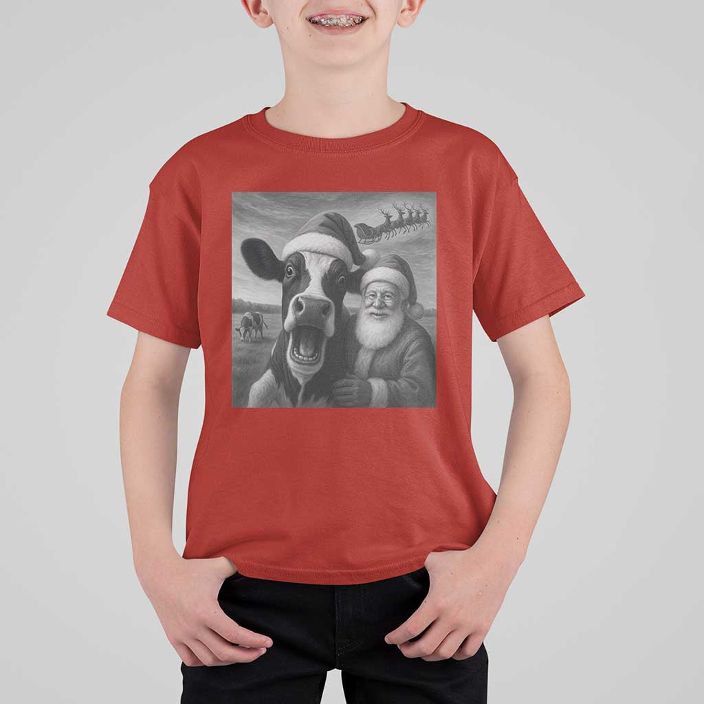 Funny Santa Selfie with Cow Christmas T Shirt For Kid - Wonder Print Shop