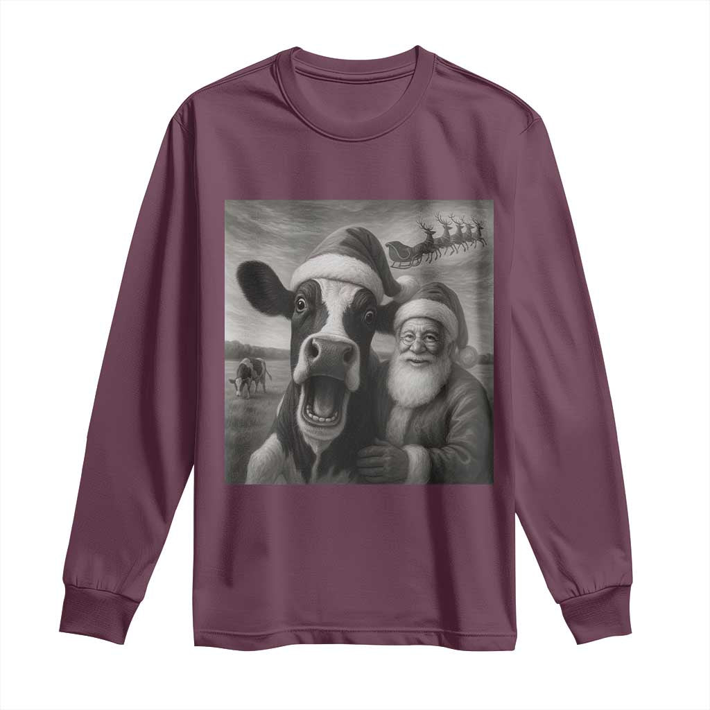 Funny Santa Selfie with Cow Christmas Long Sleeve Shirt - Wonder Print Shop