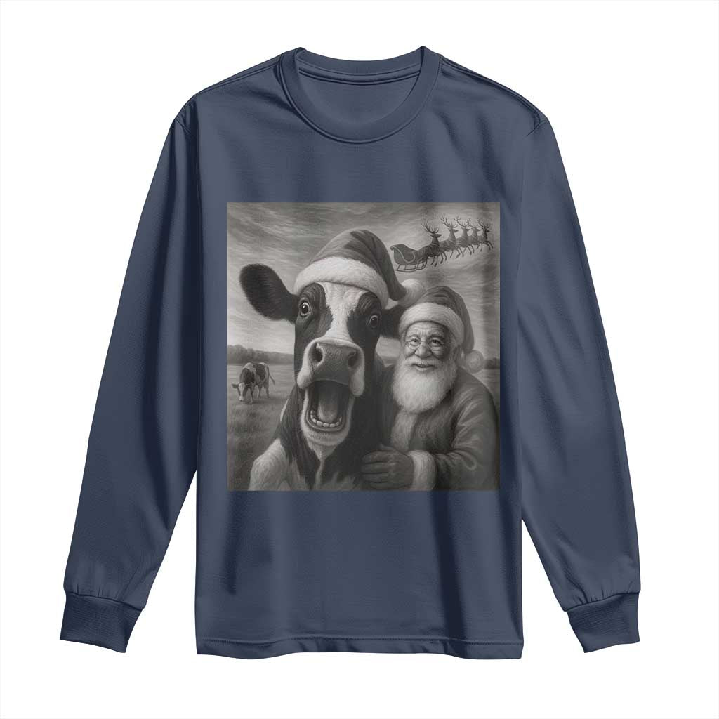Funny Santa Selfie with Cow Christmas Long Sleeve Shirt - Wonder Print Shop