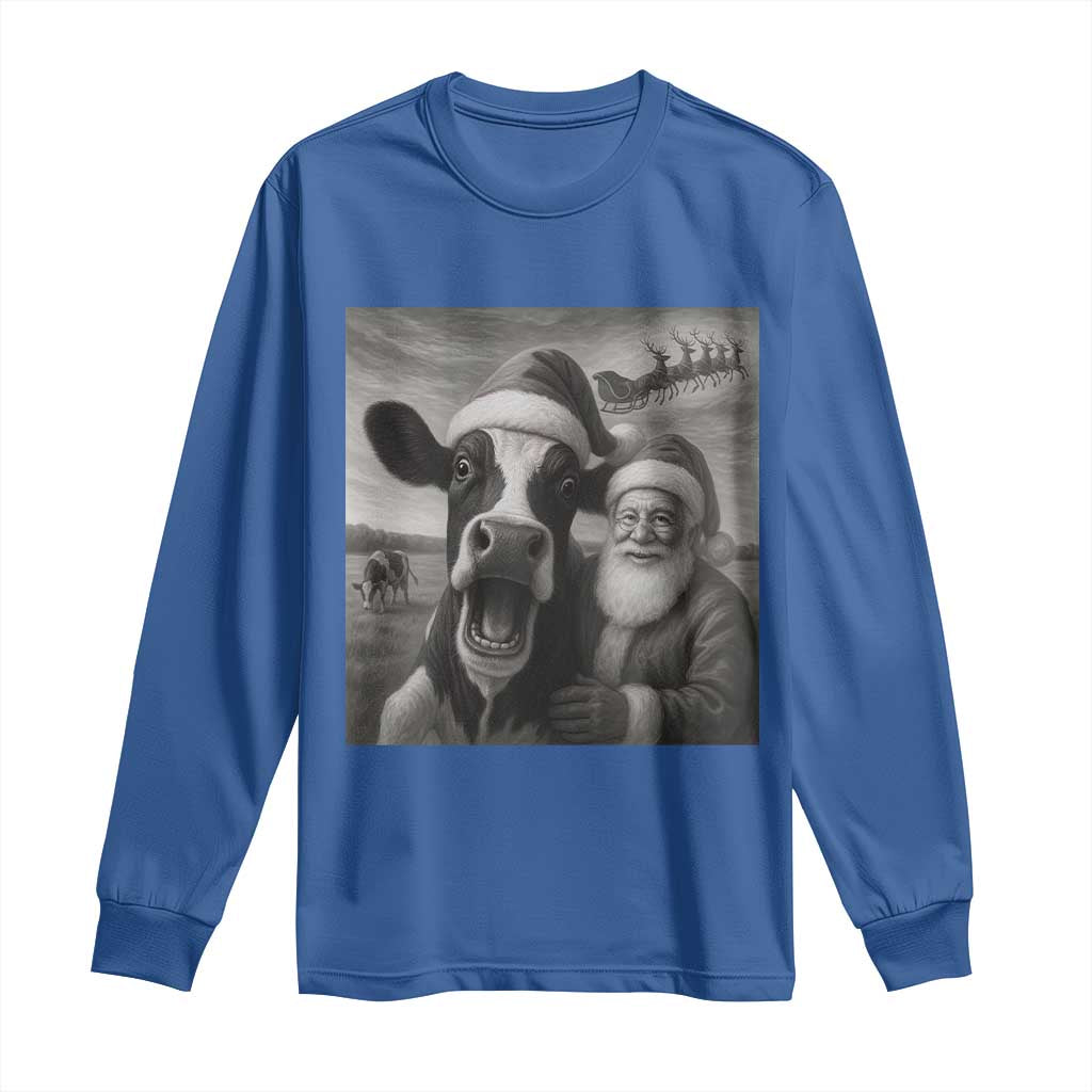 Funny Santa Selfie with Cow Christmas Long Sleeve Shirt - Wonder Print Shop