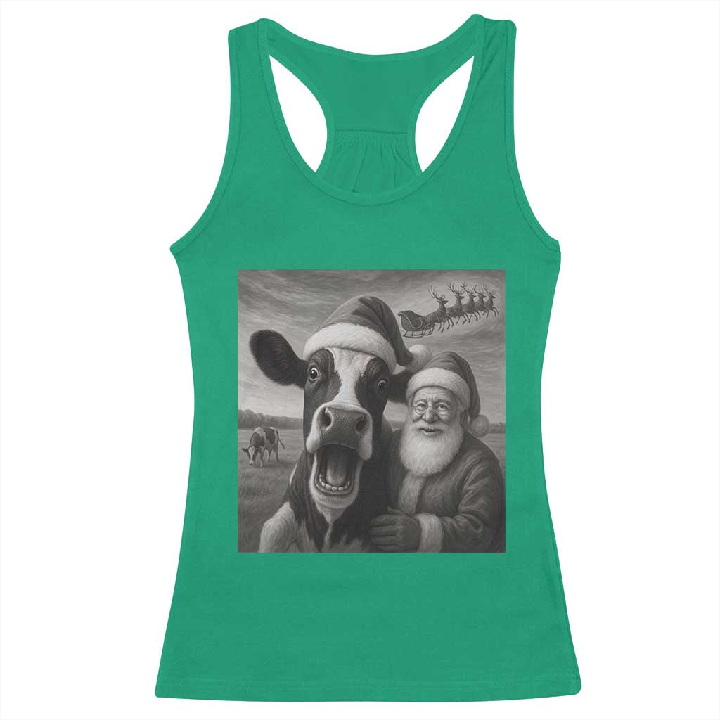 Funny Santa Selfie with Cow Christmas Racerback Tank Top - Wonder Print Shop
