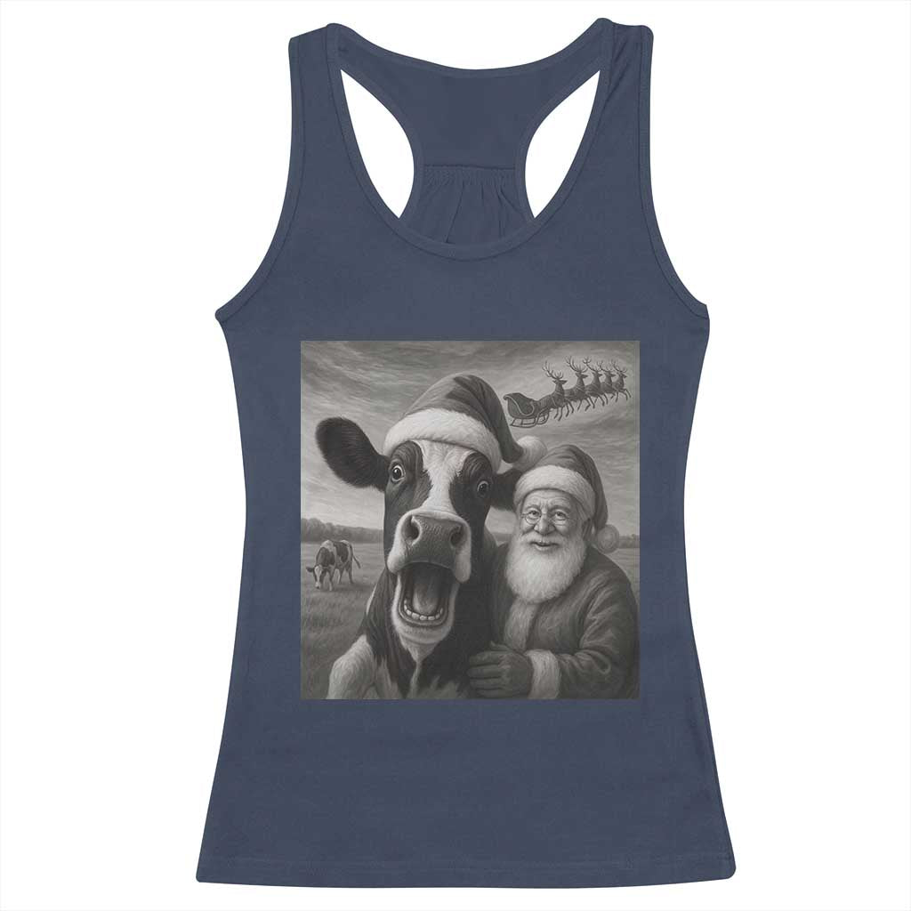 Funny Santa Selfie with Cow Christmas Racerback Tank Top - Wonder Print Shop