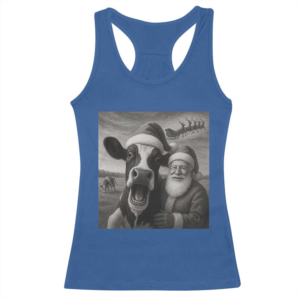 Funny Santa Selfie with Cow Christmas Racerback Tank Top - Wonder Print Shop