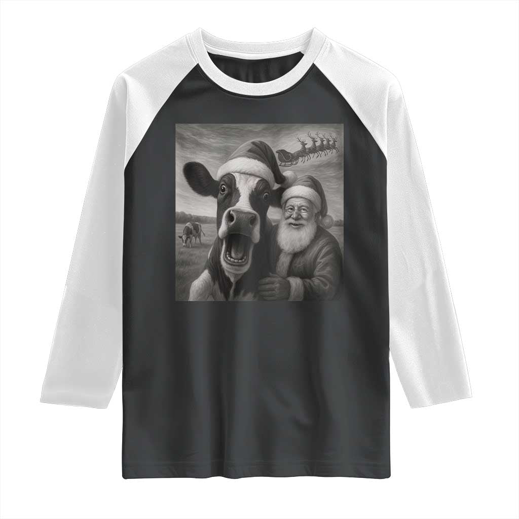 Funny Santa Selfie with Cow Christmas Raglan Shirt - Wonder Print Shop
