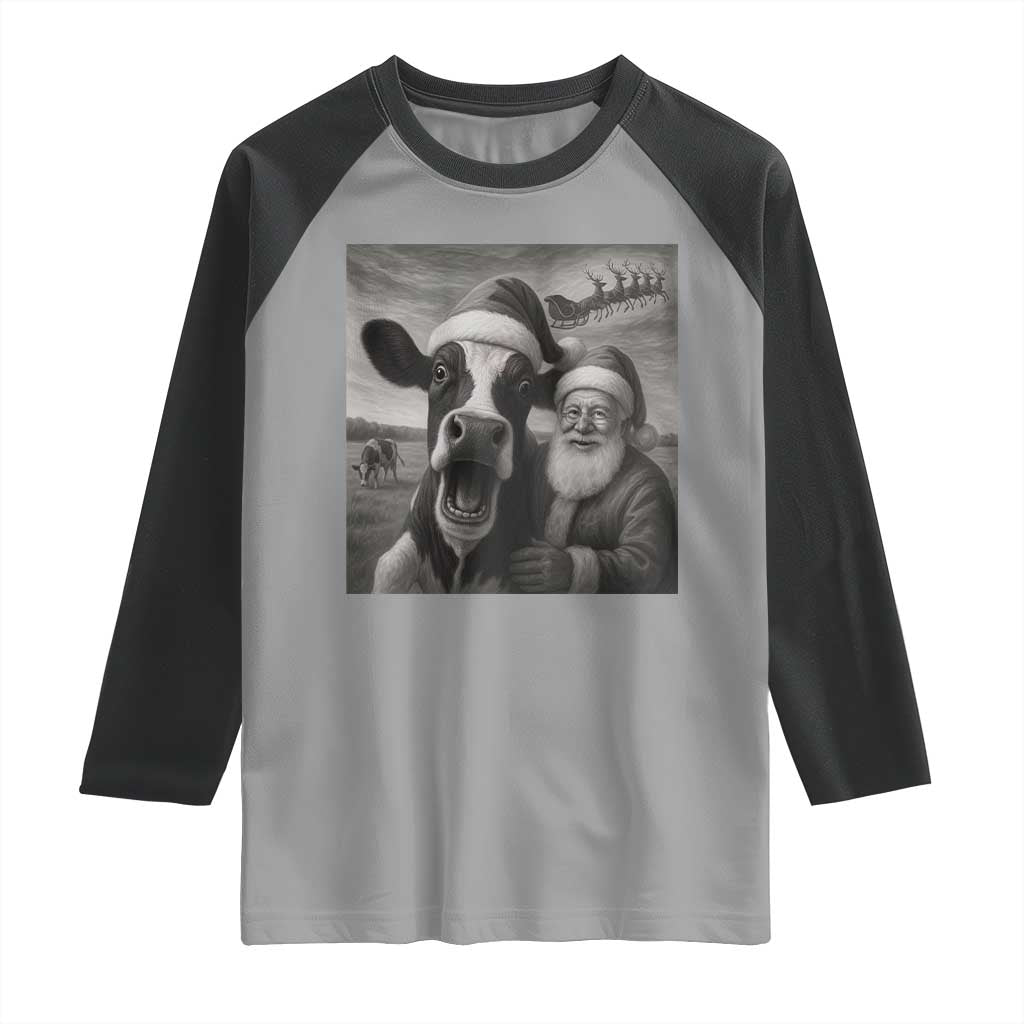 Funny Santa Selfie with Cow Christmas Raglan Shirt - Wonder Print Shop