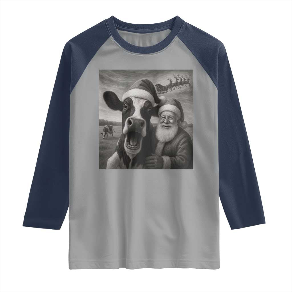 Funny Santa Selfie with Cow Christmas Raglan Shirt - Wonder Print Shop