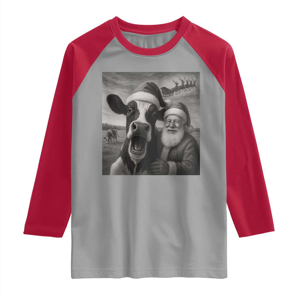 Funny Santa Selfie with Cow Christmas Raglan Shirt - Wonder Print Shop