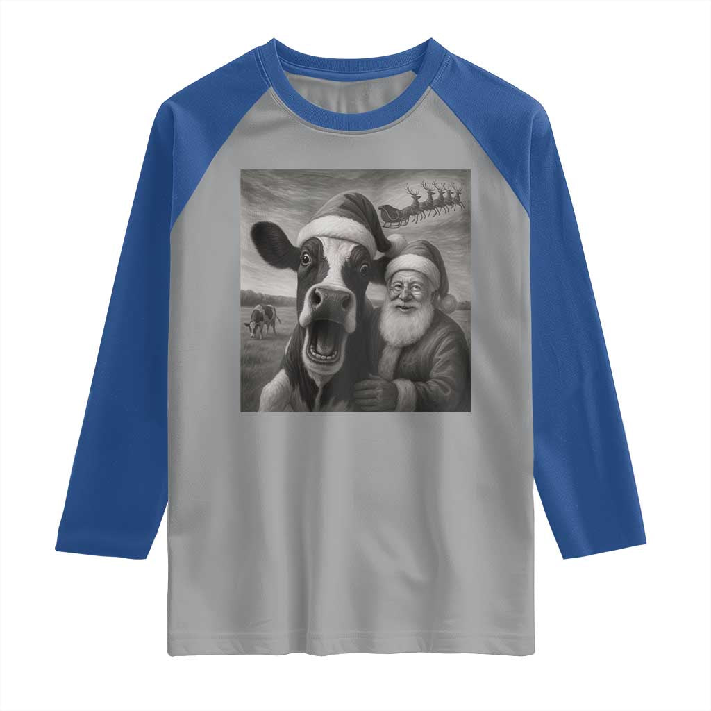 Funny Santa Selfie with Cow Christmas Raglan Shirt - Wonder Print Shop