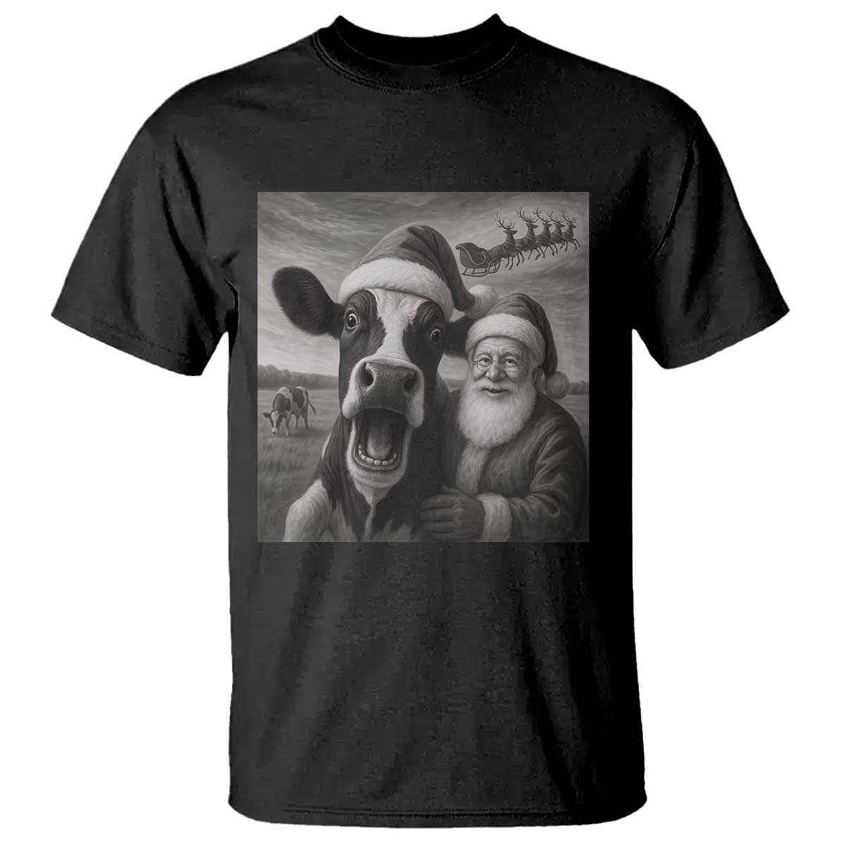 Funny Santa Selfie with Cow Christmas T Shirt - Wonder Print Shop