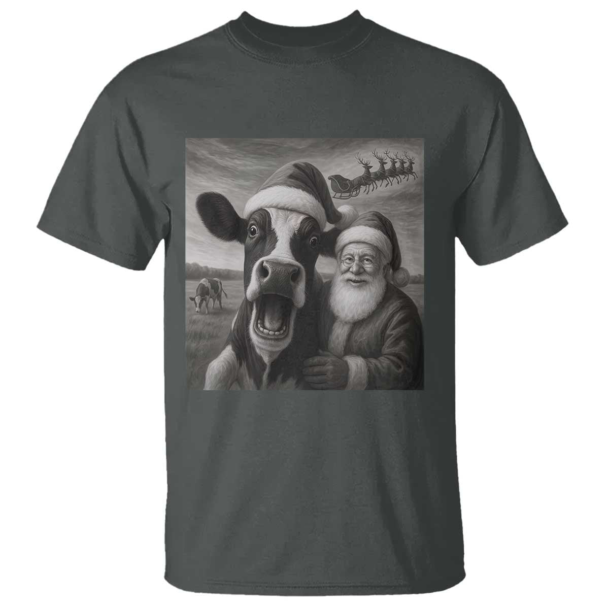 Funny Santa Selfie with Cow Christmas T Shirt - Wonder Print Shop