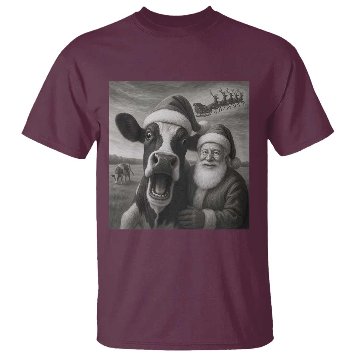 Funny Santa Selfie with Cow Christmas T Shirt - Wonder Print Shop
