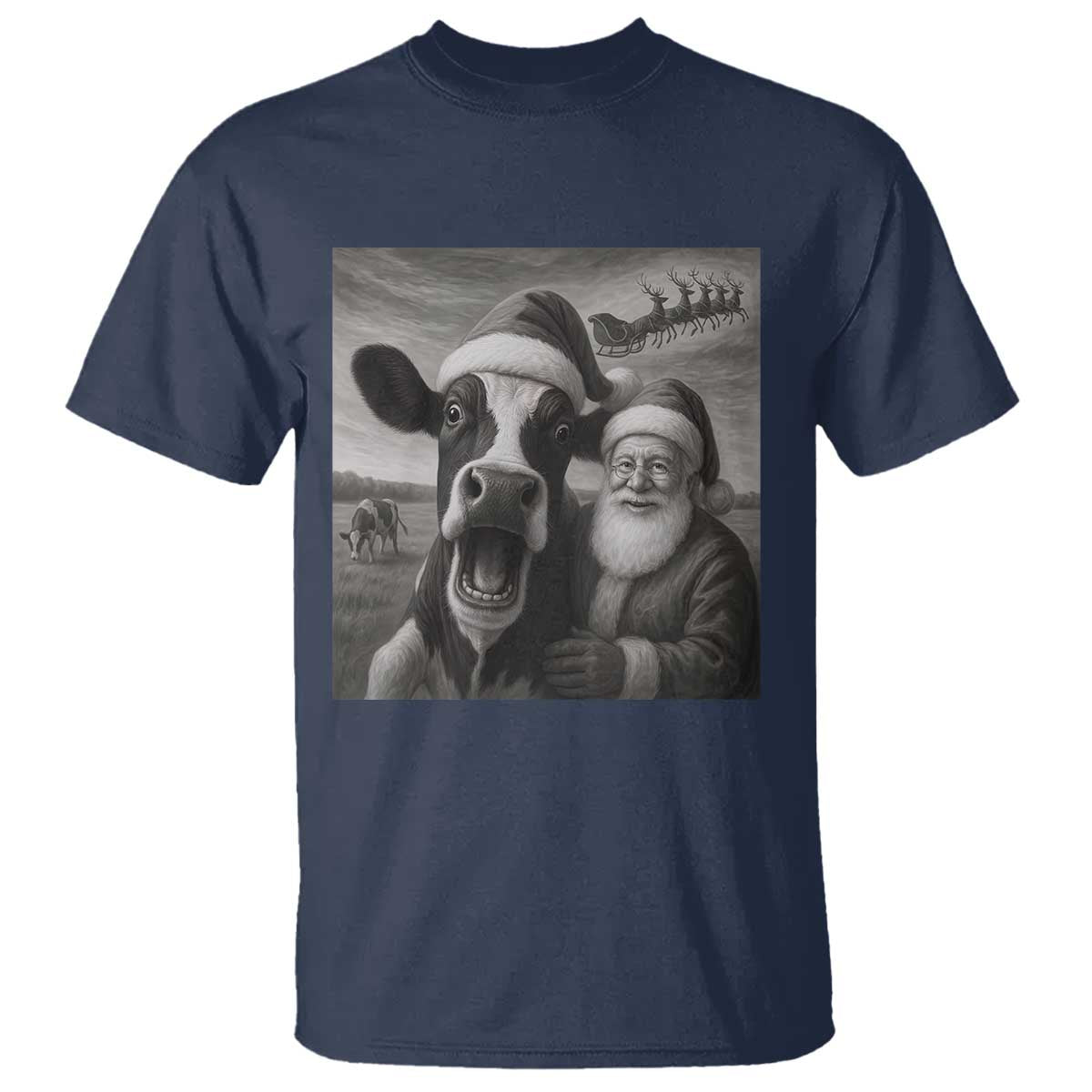 Funny Santa Selfie with Cow Christmas T Shirt - Wonder Print Shop
