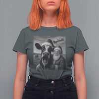 Funny Santa Selfie with Cow Christmas T Shirt For Women - Wonder Print Shop