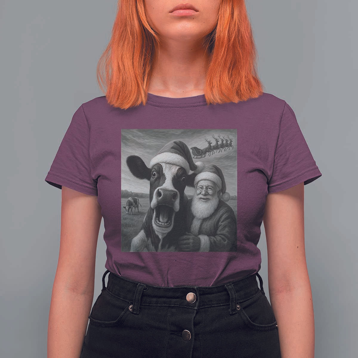 Funny Santa Selfie with Cow Christmas T Shirt For Women - Wonder Print Shop