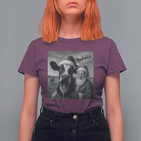 Funny Santa Selfie with Cow Christmas T Shirt For Women - Wonder Print Shop