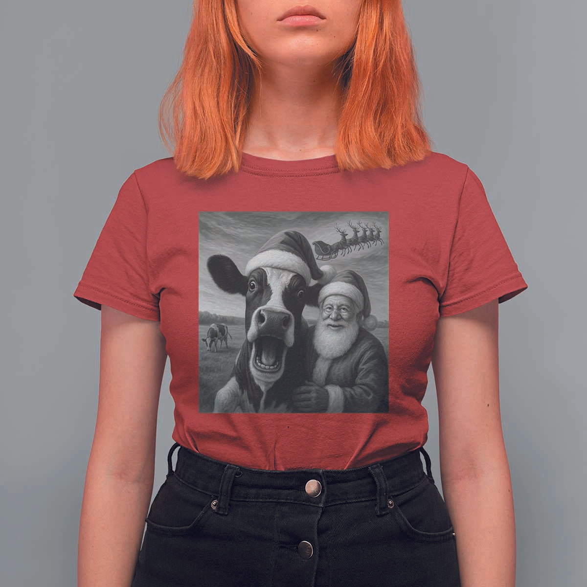 Funny Santa Selfie with Cow Christmas T Shirt For Women - Wonder Print Shop