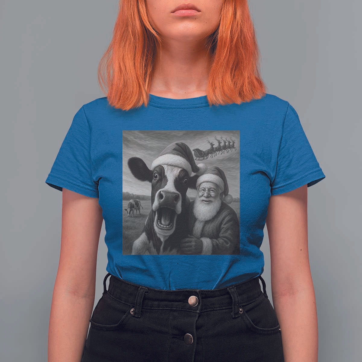 Funny Santa Selfie with Cow Christmas T Shirt For Women - Wonder Print Shop