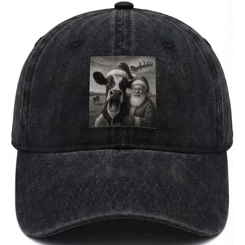 Funny Santa Selfie with Cow Christmas Washed Cotton Baseball Cap