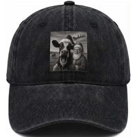 Funny Santa Selfie with Cow Christmas Washed Cotton Baseball Cap