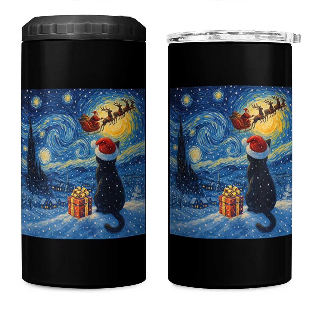 Cat Starry Night Christmas 4 in 1 Can Cooler Tumbler Van Gogh Cat Lover Xmas - Wonder Print Shop
