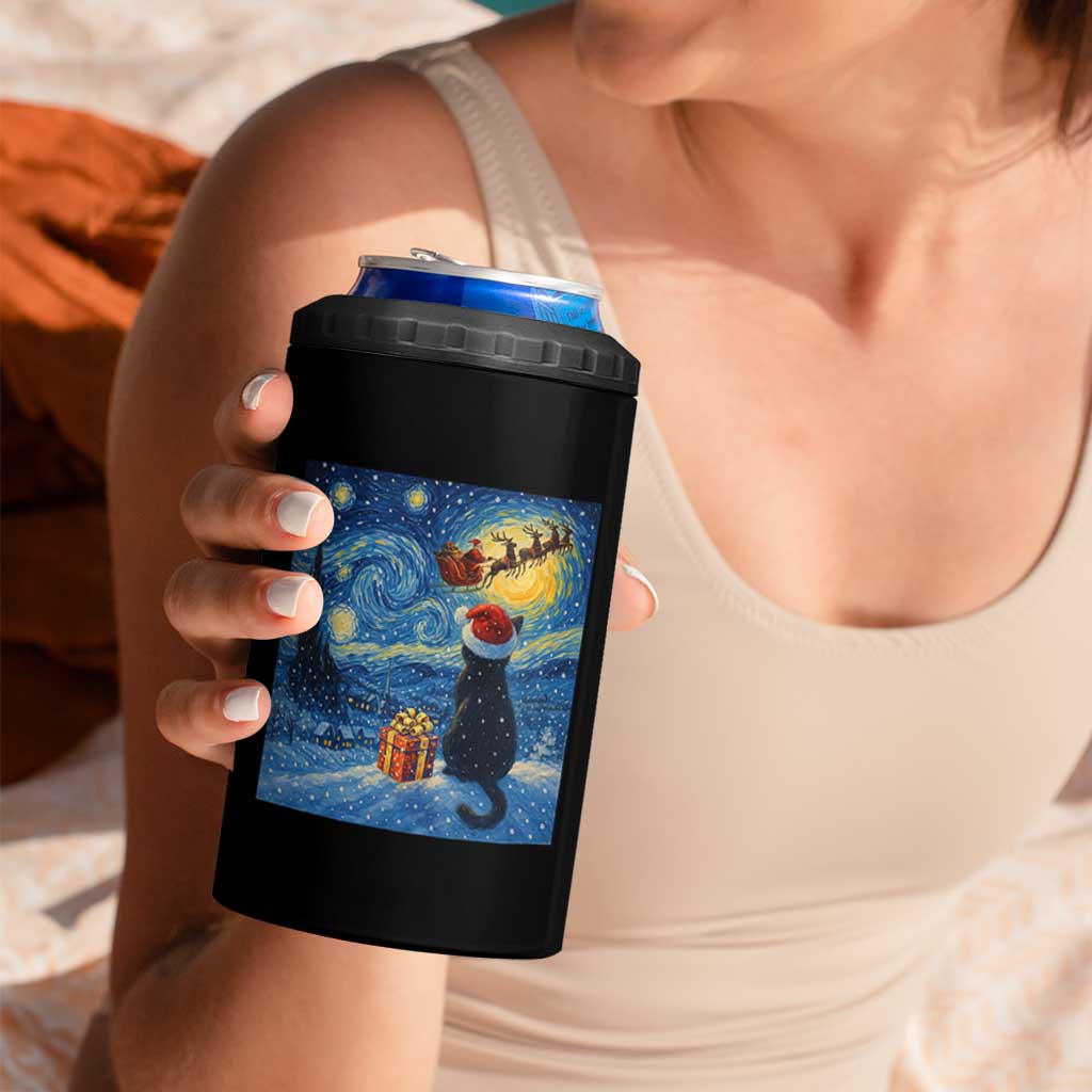 Cat Starry Night Christmas 4 in 1 Can Cooler Tumbler Van Gogh Cat Lover Xmas - Wonder Print Shop