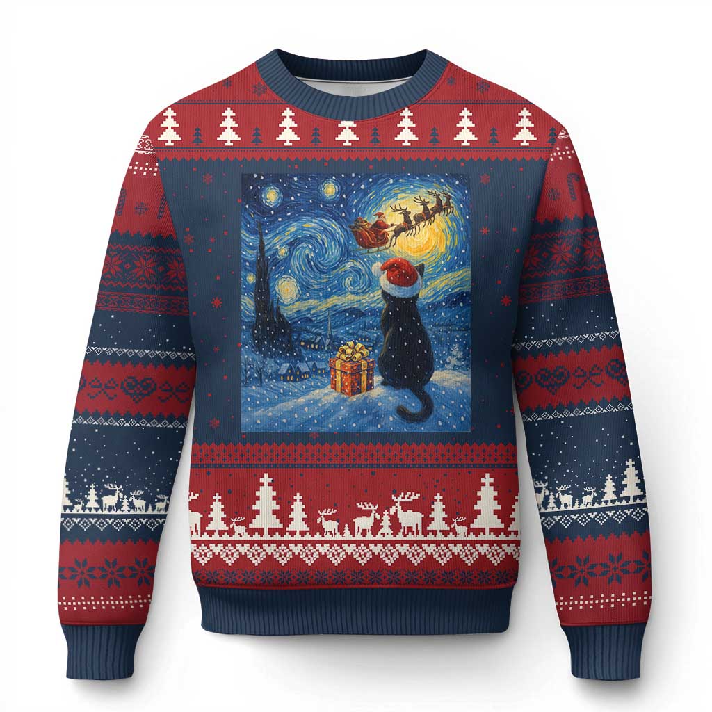 Cat Starry Night Xmas Ugly Christmas Sweater Van Gogh Cat Lover Xmas - Wonder Print Shop