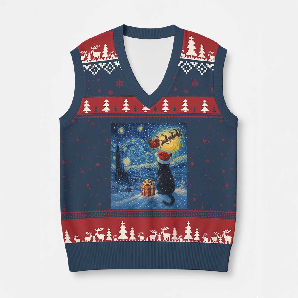 Cat Starry Night Xmas V-Neck Knit Sweater Vest Van Gogh Cat Lover Xmas - Wonder Print Shop