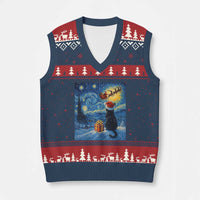 Cat Starry Night Xmas V-Neck Knit Sweater Vest Van Gogh Cat Lover Xmas - Wonder Print Shop